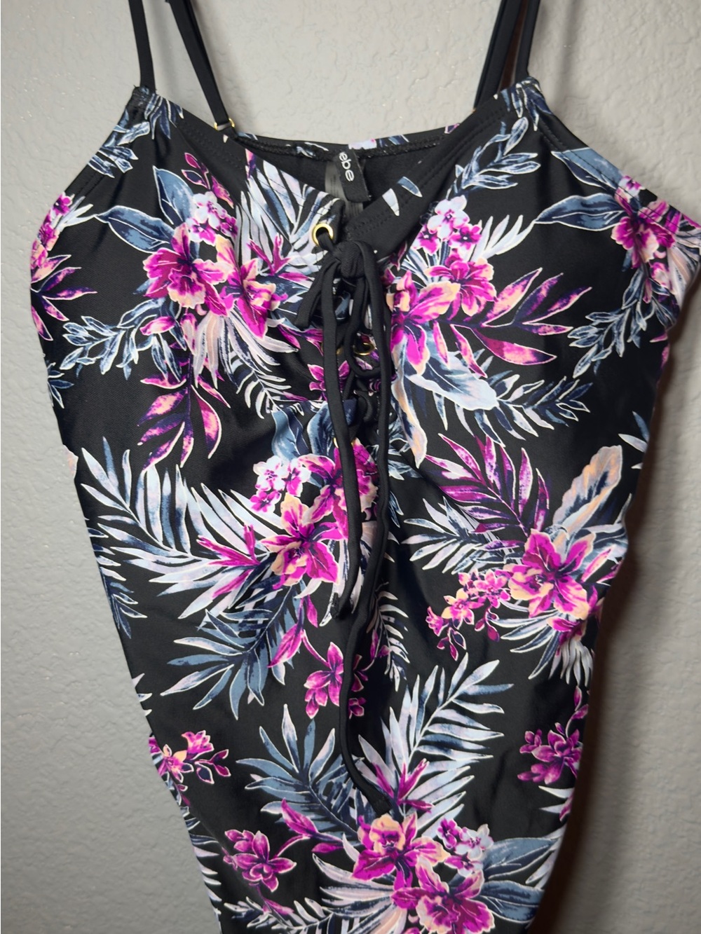 bebe Black One-Piece Swimsuit with Pink & Blue Tropical Floral